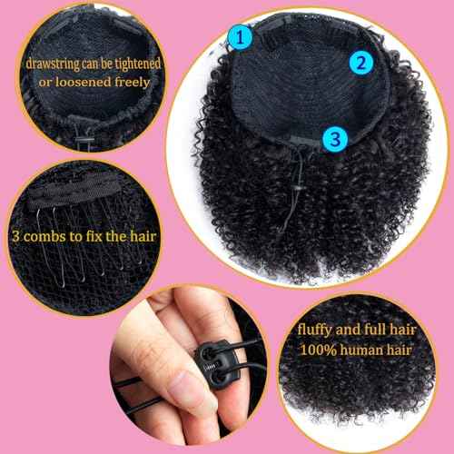 VADES Curly Clip in Hair Extensions Ponytail Afro Puff Drawstring Ponytail for Black Women 100% Real Hair Ponytail Extension #1B Natural Black Color 12 inch With 3 Stable Combs