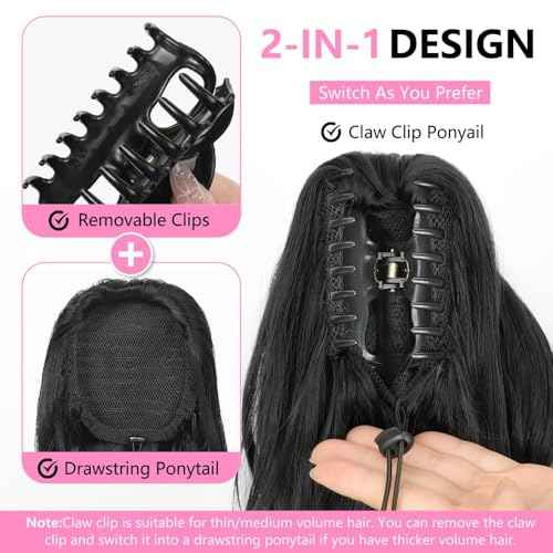 ALXNAN Ponytail Extension,24 Inch Claw Clip in Long Curly Wavy Black Ponytail Hair Extension Jaw Clip on Pony Tails Hairpiece for Women