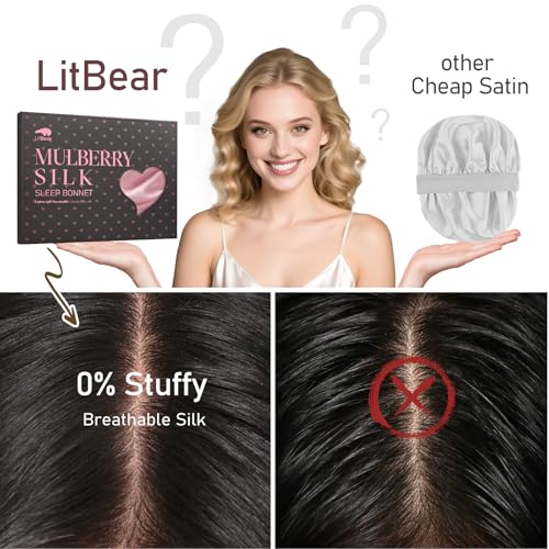 LitBear Pink 100% Mulberry Silk Bonnet for Sleeping, 22 Momme Silk Hair Wrap with Elastic Band