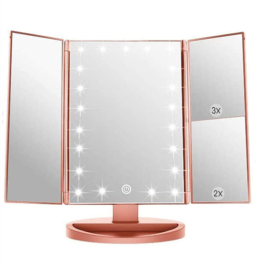 Infitrans 3 Folds Lighted Vanity Makeup Mirror,1X/2X/3X Magnification, 21 LED Light Bright Table Mirror with Touch Screen,180 Adjustable Rotation,Portable Travel Cosmetic Mirror
