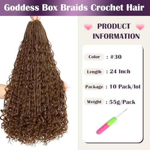 24 Inch Boho Crochet Braids Human Hair Mixed Synthetic Goddess Box Braids Crochet Hair Extensions Pre Looped Bohemian Goddess Braids Crochet Hair for Women (#30, 10 Packs)