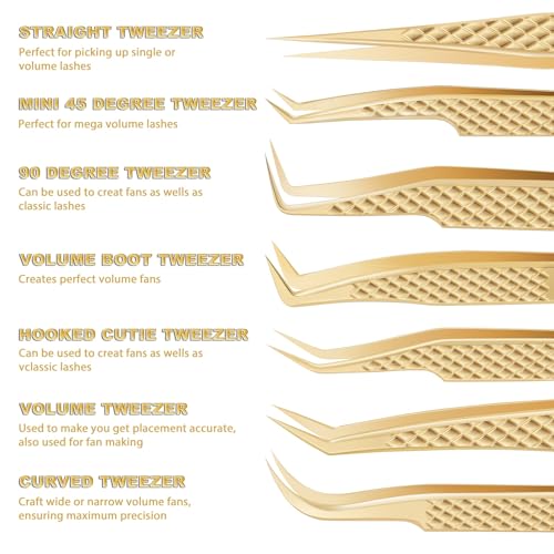 Eyelash Tweezers for Lash Extensions (Set of 7), Professional Lash Extension Tweezers Kit, Lash Tweezers for Mega Volume, Isolation & Classic False Lashes, Lash Artist Supplies