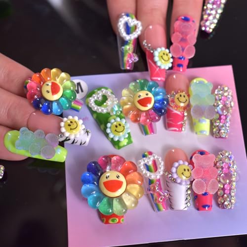 Flower Press on Nails Handmade with Full Covered Crystals Reusable Full Cover Long Coffin Stick On Nails, Size Medium