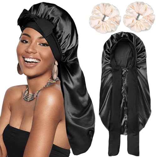 Silk Satin Hair Bonnet for Sleeping - Bonnets for Braids Black Women Curly Hair,Silk Hair Wrap Tie Band Long Big Silky Sleeping Cap with 2 Pcs Satin Scrunchies