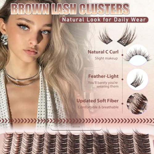 FLOMAZE Brown Wispy Lash Clusters - Natural Dark Brown Eyelash Extensions, DIY Spiky Clusters for Fluffy Volume, 144Pcs, 8-16MM - Unique Duo Spikes Design