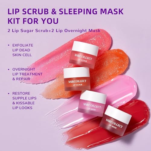 ANRCOLLECT Lip Scrub & Mask Set - 4-Pack Exfoliator & Overnight Balm