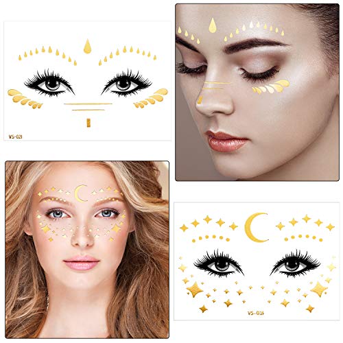 Gold Glitter Face Tattoos - 20 Sheets Waterproof Temporary Stickers