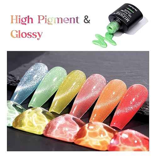 MIZHSE Glow in The Dark Gel Nail Polish, Macaroon Cat Eye Gel Polish Set with Magnet Stick, Shimmery Neon Green Blue Yellow Nail Soak Off Nail Art Spring Summer Manicure Kit Gift