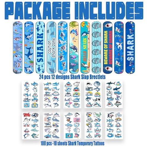 Shark Party Favors Set - 24 Slap Bracelets & 100 Tattoos