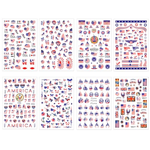 IDDFEVE 8 Sheets 4th of July Nail Stickers, Independence Day Patriotic Nail Decals, 3D Design Self-Adhesive USA Flag Star Nail Art