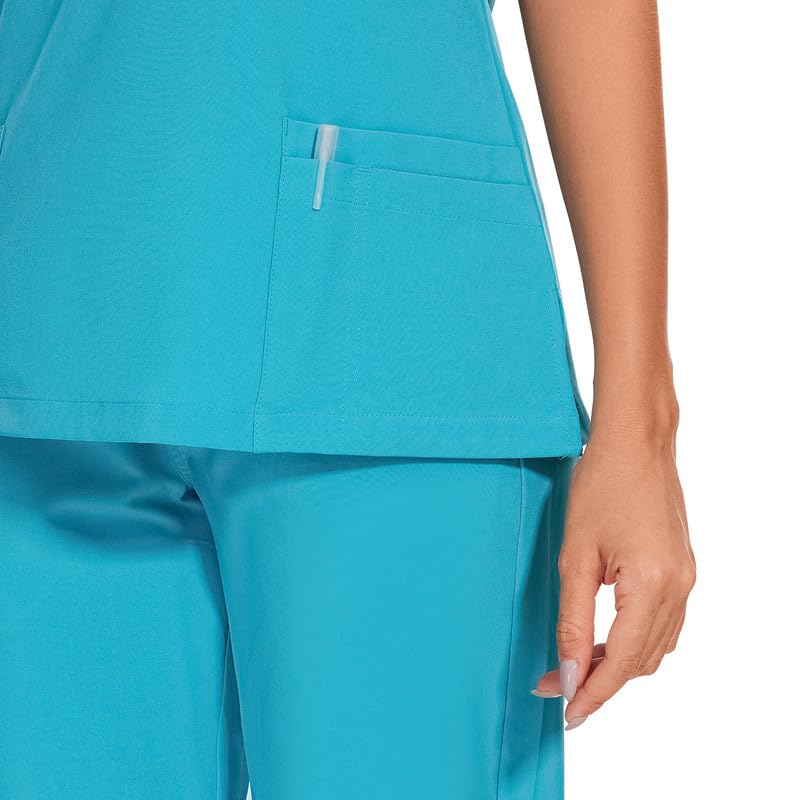 COZYFIT Scrubs for Women Set - Stretch V-Neck Scrub Top & Jogger Pant with 8 Pockets, Yoga Waistband, Anti Wrinkle, Slim Fit Women Scrubs - Teal, XS