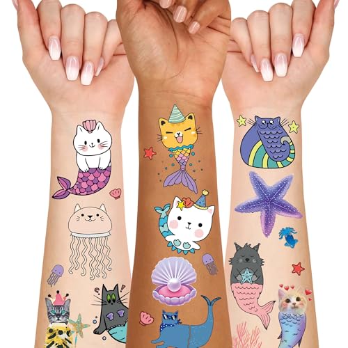 55 Mermaid & Cat Temporary Tattoos - Waterproof Party Favors