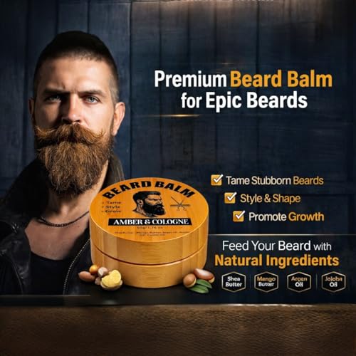 Beard Balm for Men, Cologne and Amber Scented natural ingredients beard butter with Castor oil, Shea Butter, Jojoba Oil, Argan Oil.