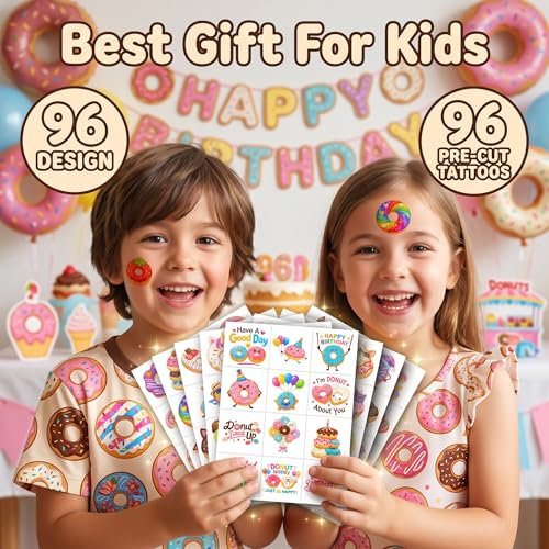 96 Donuts Temporary Tattoos for Kids | Waterproof Party Favors