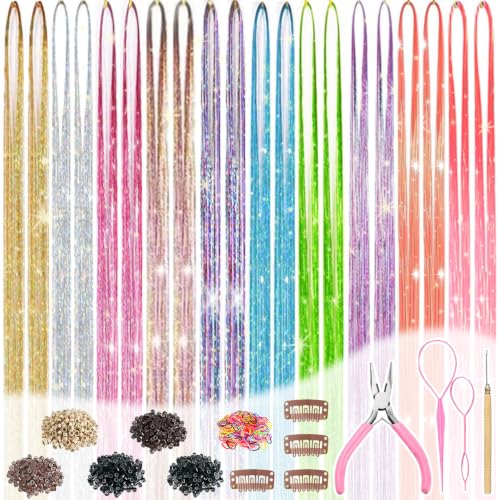 Hair Tinsel Kit 48 Inch 8200 Strands 10 Colors Glitter Extensions