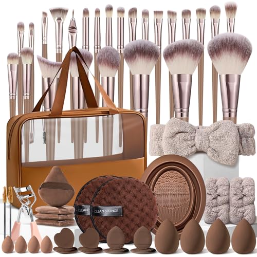 55Pc Brown Makeup Brush Set with Case