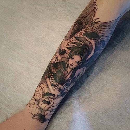 6 Sheets Waterproof Arm Temporary Tattoo Stickers Black Japanese Geisha Women Lady Samurai Fan Sword Crane Flower Fox Keaton Mask