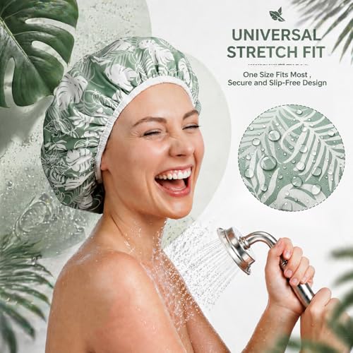 Jiuguva Large Green Waterproof Shower Cap for Women - Terry Lined, Vacation Style