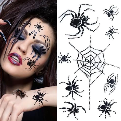 Spider Face Jewels Gems Rhinestones Spider Web Tattoos Makeup Crystal Temporary Stickers Body Jewels for Women Halloween Festival Party Dress up