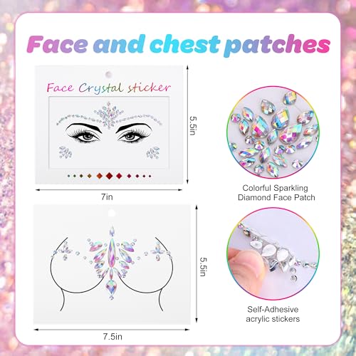 Wehhbtye 6 Pcs Mermaid Glitter Face and Chest Gems, Rhinestone Chest Jewels Face Sticker with Body Glitter, Festival Rave Body Crystal Tattoo for Halloween Costume Themd Party Makeup