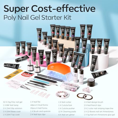 Modelones 133pcs Poly Nail Gel Kit, 32 Colors Spring Pink Pastel Poly Extension Gel kit with Nail Lamp Base Top Coat Slip Solution Builder Enhancement Manicure Tools for Starter Supplies