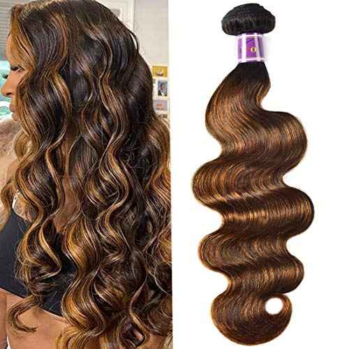 UNice Ombre Brown Highlight Body Wave Human Hair Weave 1 bundle 16 inch, Brazilian Remy Hair Dark Root Blonde Human Hair Weaves Extension Piano Color TFB30