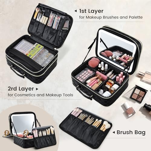 Makeup Bag with LED Lighted Mirror & Brush Holder