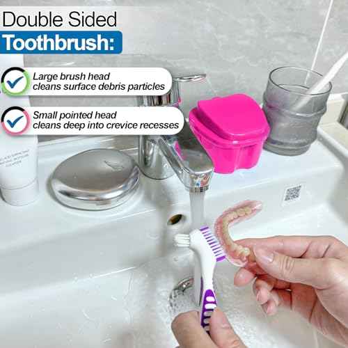 2 Pack Colors Denture Bath Case Cup Retainer Cleaner Holder Case False Teeth Soaking Container Dental Bath Storage Box Case with Strainer Basket and Brush - Rose Red & Black
