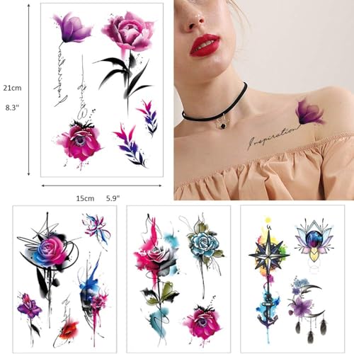 Glaryyears Watercolor Flower Temporary Tattoos, 10 Pack