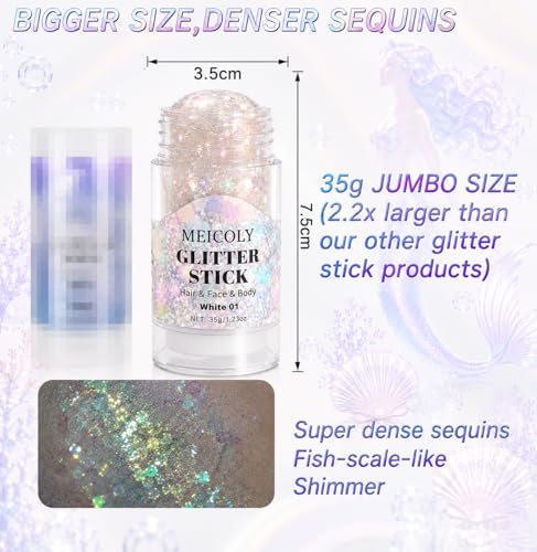 MEICOLY Iridescent White Glitter Stick for Festivals & Parties