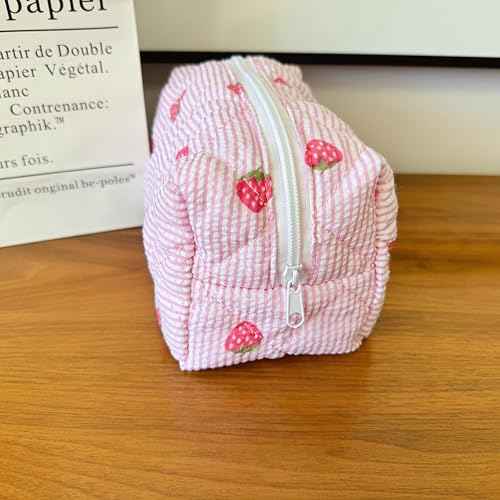 Cotton Quilted Makeup Bag Coquette Accessories Make up Bag Organizer Cute Floral Cosmetic Pouch Travel Makeup Bag for Women strawberry