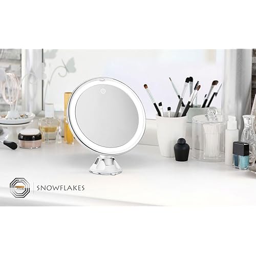 Snowflakes 10x Magnifying Lighted Makeup Mirror with Lights, Suction Cups, and 360¡Æ Swivel ? Touch Control, 3 Light Modes ? Ideal for Home, Bathroom Vanity, and Travel