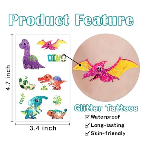 Dinosaur Glitter Tattoos for Kids - 120 Temporary Stickers (12 Sheets)