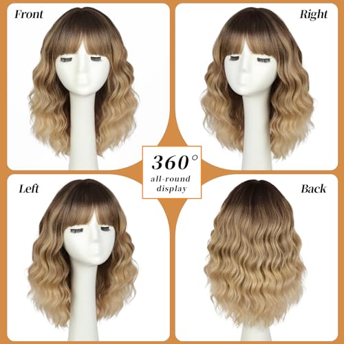 Lativ Blonde Bob Wig with Bangs Short Wavy Curly