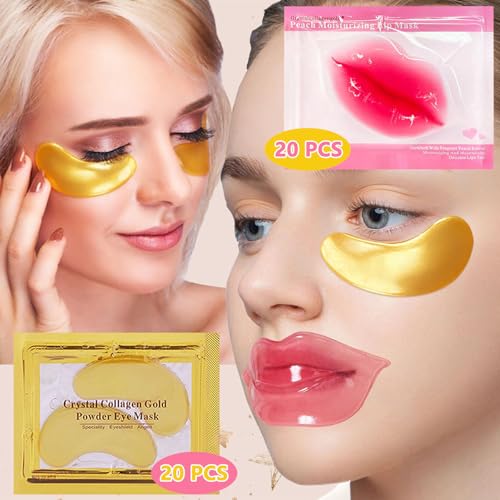 40 Pairs Lip Mask & Eye Mask, 24K Gold Gel Crystal Collagen Under Eye Patches for Puffy Eyes, Dark Circles, Bachelorette Party Favors, Wrinkles and Fine Lines, Galentines Day Gifts