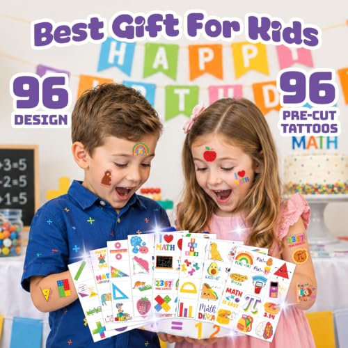 96 Pc Math Temporary Tattoos for Kids - Pre-Cut Party Favors