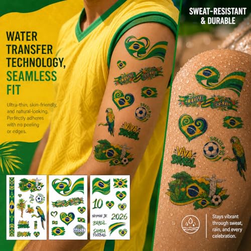 Brazil Flag Temporary Tattoos for World Cup 2026 - Soccer Fan Body Stickers