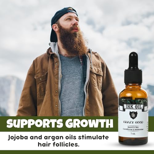 Ink Oil S8 Beard Oil, 1.0 fl oz - Premium Beard Care for Deep Hydration, Healthy Skin, Lustrous Shine - Non-Greasy & Natural Beard Oil for Growth with Vitamin E, Jojoba, Argan, Tea Tree, Eucalyptus