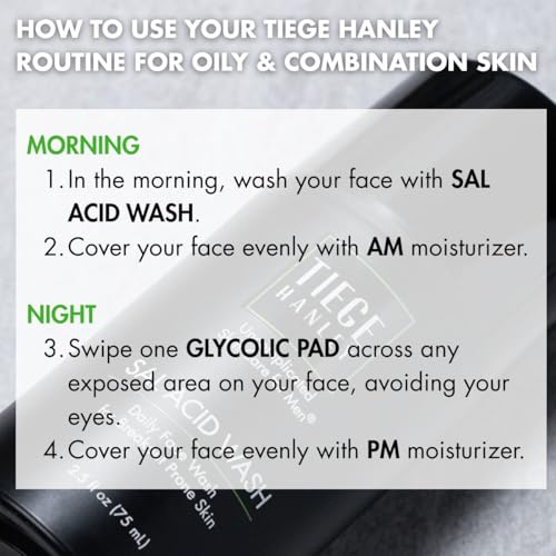 Tiege Hanley Skin Care Set for Men, Essential Routine for Oily & Combination Skin, Level 1 System With Salicylic Acid Face Wash, Glycolic Pads, AM SPF & PM Moisturizers, Men¡¯s Skin Care, 4 Piece Kit