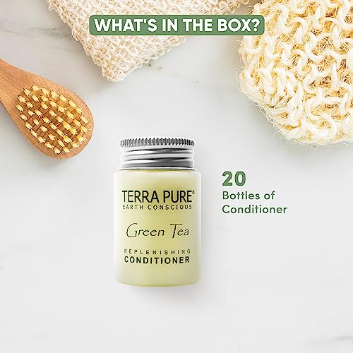 Travel Size Hotel Conditioner 20 Count 1 oz Bottles Guest Amenities for Hotels Vacation Rentals and Short Term Rentals Paraben Free Green Tea Scent Infused with Aloe and Olive Oil by Terra Pure