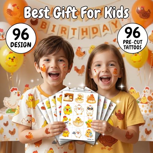 96 PCS Chicken Temporary Tattoos for Kids - Farm Theme