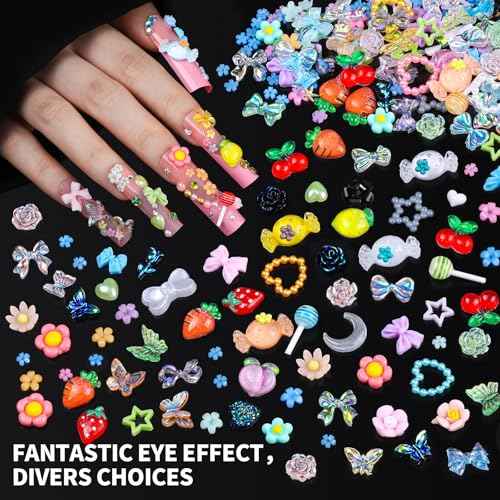 FANDAMEI Nail Charms and Gems, 24 Grids Nail Art Kit for Design, Y2K 3D Charms Rhinestone, Gold Metallic Nail Gems, Flatback AB Nail Rhinestones Gold Nail Pearls, 3D Fruits Flowers Nail Jewels