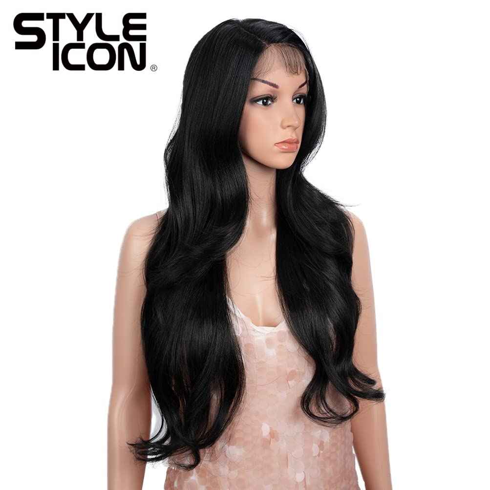 Style Icon 28" Lace Front Wigs Long Straight Synthetic Black Wig (Side Part Lace Wig, 1B)