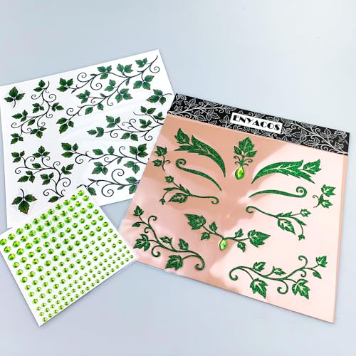 Ivy Face Sticker Set with Face Paint Temporary Tattoos and Green White Face Gems, Glitter Ivy Accessories for Halloween Costume, Cosplay Festival Makeup for Women Girls (A)