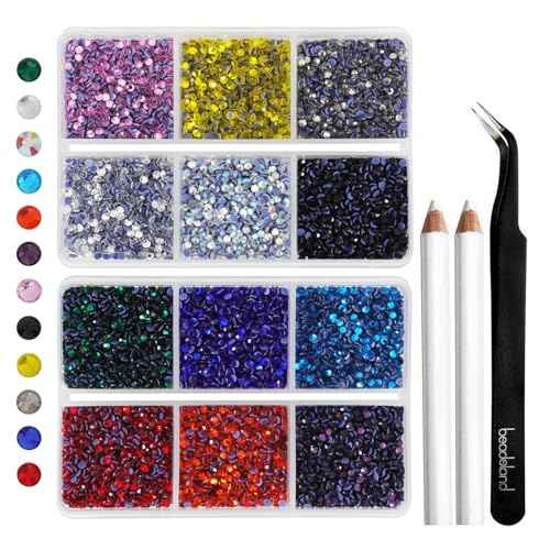 Hotfix Rhinestones Mixed 12 Colors, SS6 Rhinestones for Crafts Clothes, Hotfix Crystals with 1 Tweezers and 2 Wax Pencils