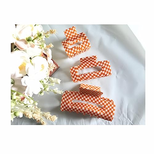 YOEMAYUNER Checkered Nonslip Hair Claws for Thick Hair, 3PCs 3Sizes (2INCH, 3.07INCH, 3.93INCH), Orange, Vintage Square Design