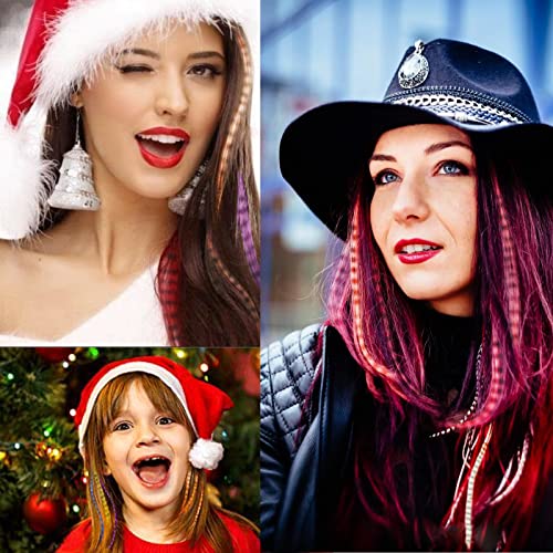 Hair Feathers Extensions Kit 50 Strands 16 Inches Colored Synthetic Polyester Fiber Wig Straight & Rooster & Peacock Feather Earrings with Simple Tools for Women Girls Christmas Party Hair Accessories