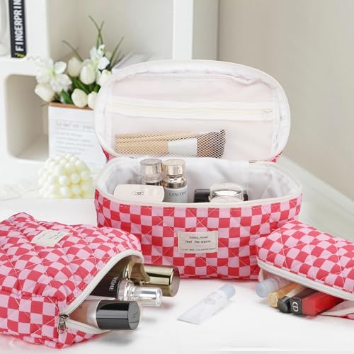 Quilted Makeup Bag Set - 3 PCS Cute Floral Cotton Makeup Bag, Large Coquette Aesthetic Make up Cosmetic Bag, Flower Travel Toiletry Organizer Bags for Women Girls
