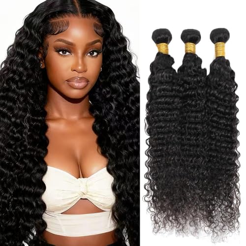 #1B Deep Wave Human Hair Bundles 28 30 32 Inch