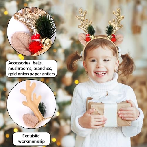 TIMMOKO Christmas Headbands for Women Girls Gold Elk Antler Hair Bands Teddy Bear Ear Headband with Jingle Bells Glod Glitter Full Cover Hair Bands Christmas Headbands